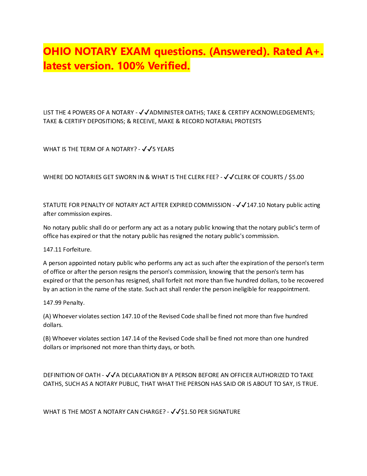 Preview image for OHIO NOTARY EXAM questions. (Answered). Rated A+. latest version. 100% Verified.